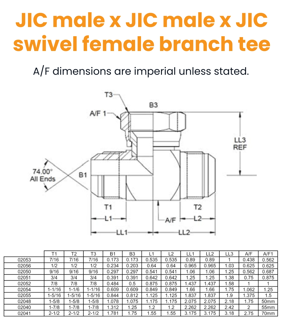 7/16 JIC M/M/F Tee Hydraulic Adaptor